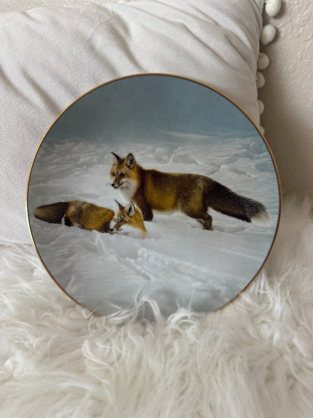 Charley Harper Foxes in Snow Decorative Collector Plate Wildlife Art Gold Trim